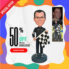 Customized Bobblehead With F1 Chequered Flag, Custom Made Car Racer Bobbleheads, Great Gifts For F1 Racer, Cheap Custom Bobbleheads Race Car