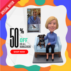 Personalized Mother And Dog Bobbleheads, Custom Girlfriend Figurines With Dog, Custom Pet With Wife Bobbleheads Sitting On Sofa