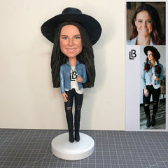 Personalized Cowgirl Bobblehead With Top Hat For Her, Personalized Girl Bobbleheads Gifts, Personalized Female Fahion Statues From Photos