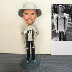 Personalized Fisherman Bobblehead, Make A Fisherman Bobblehead, Personalized Figurine Holding Two Fish, Personalized Fisherman Figurines