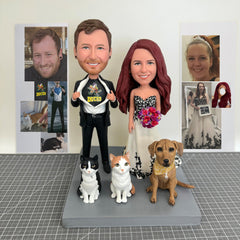 Custom Wedding Bobbleheads With 2 Pets, Custom Hero Couple Figurines With 2 Dogs, Custom Super Hero Bobbleheads, Custom Wedding Statues