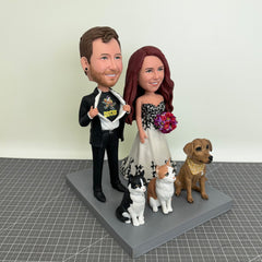 Custom Wedding Bobbleheads With 2 Pets, Custom Hero Couple Figurines With 2 Dogs, Custom Super Hero Bobbleheads, Custom Wedding Statues