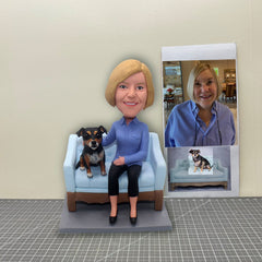 Personalized Mother And Dog Bobbleheads, Custom Girlfriend Figurines With Dog, Custom Pet With Wife Bobbleheads Sitting On Sofa