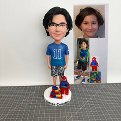 Custom Kids Bobbleheads, Custom Child Bobbleheads Playing With Building Blocks, Custom Students Bobbleheads, Custom Boy Bobbleheads